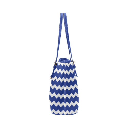 Modern Trendy Pastell Grey Dark Blue Zig Zag Pattern Chevron Leather Tote Bag/Large (Model 1651)