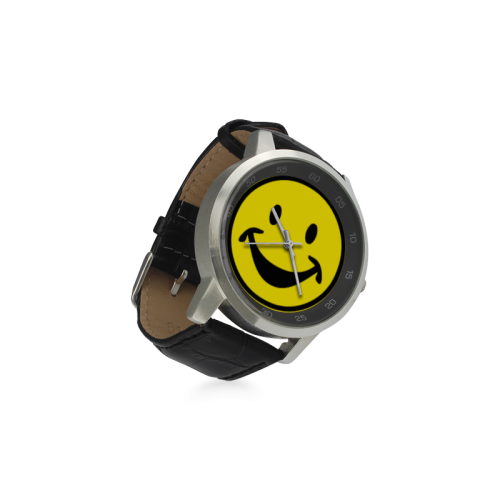 Funny yellow SMILEY for happy people Unisex Stainless Steel Leather Strap Watch(Model 202)