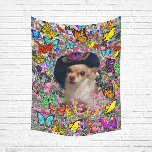 Chi Chi in Yellow Butterflies, Chihuahua Puppy Dog Cotton Linen Wall Tapestry 60"x 80"