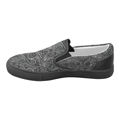 A elegant floral damasks in  silver and black Women's Unusual Slip-on Canvas Shoes (Model 019)