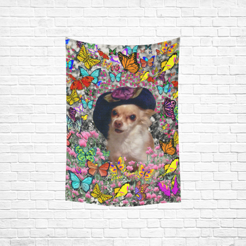 Chi Chi in Yellow Butterflies, Chihuahua Puppy Dog Cotton Linen Wall Tapestry 40"x 60"