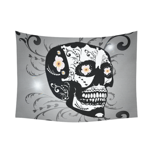 Wonderful sugar skull in black and white Cotton Linen Wall Tapestry 80"x 60"