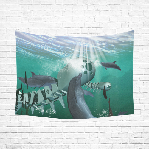 Dolphin with mechanical fish Cotton Linen Wall Tapestry 80"x 60"