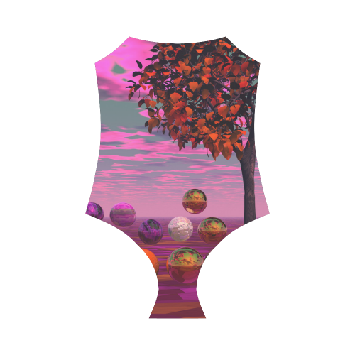 Bittersweet Opinion, Abstract Raspberry Maple Tree Strap Swimsuit ( Model S05)