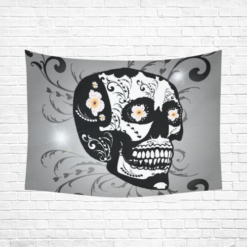 Wonderful sugar skull in black and white Cotton Linen Wall Tapestry 80"x 60"
