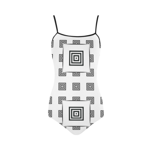 Solid Squares Frame Mosaic Black & White Strap Swimsuit ( Model S05)
