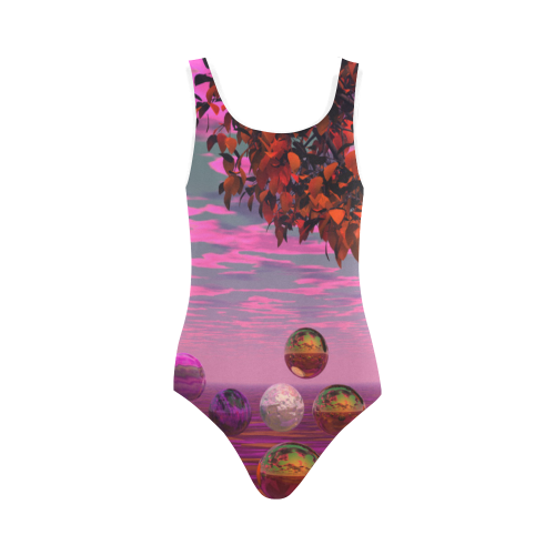 Bittersweet Opinion, Abstract Raspberry Maple Tree Vest One Piece Swimsuit (Model S04)