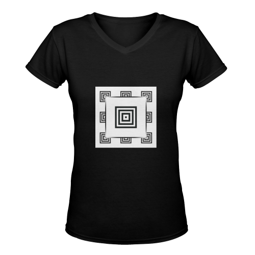 Solid Squares Frame Mosaic Black & White Women's Deep V-neck T-shirt (Model T19)