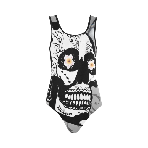 Wonderful sugar skull in black and white Vest One Piece Swimsuit (Model S04)