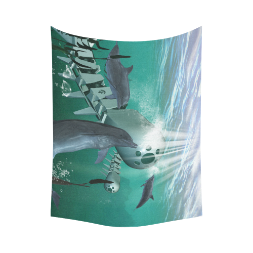 Dolphin with mechanical fish Cotton Linen Wall Tapestry 80"x 60"