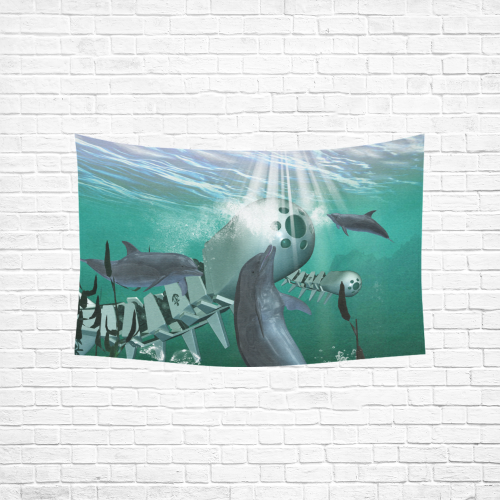 Dolphin with mechanical fish Cotton Linen Wall Tapestry 60"x 40"
