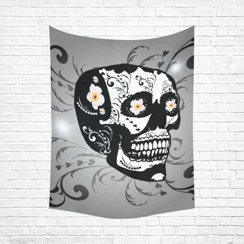 Wonderful sugar skull in black and white Cotton Linen Wall Tapestry 60"x 80"