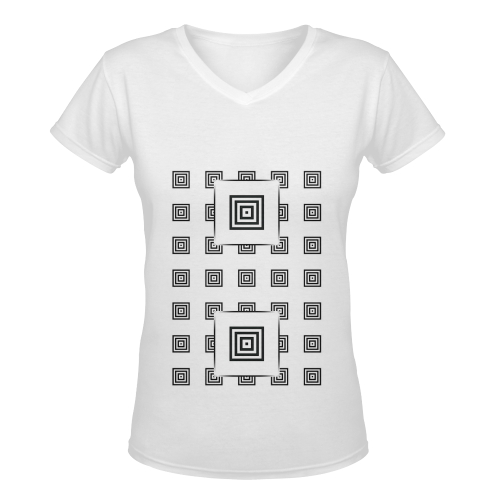 Solid Squares Frame Mosaic Black & White Women's Deep V-neck T-shirt (Model T19)