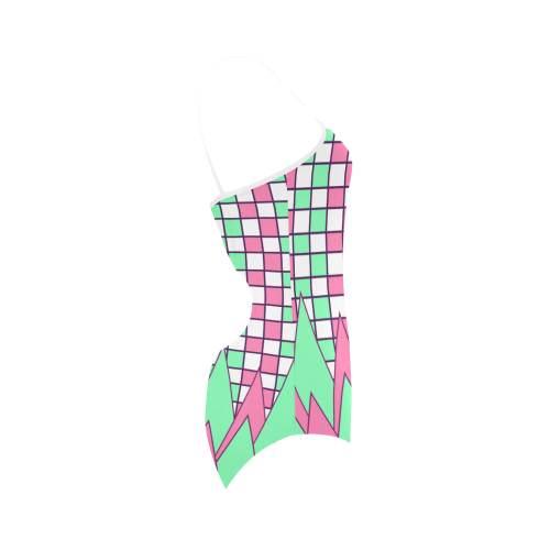 Geometry in green and pink Strap Swimsuit ( Model S05)