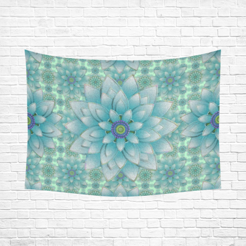 Turquoise Happy Lotus Cotton Linen Wall Tapestry 80"x 60"