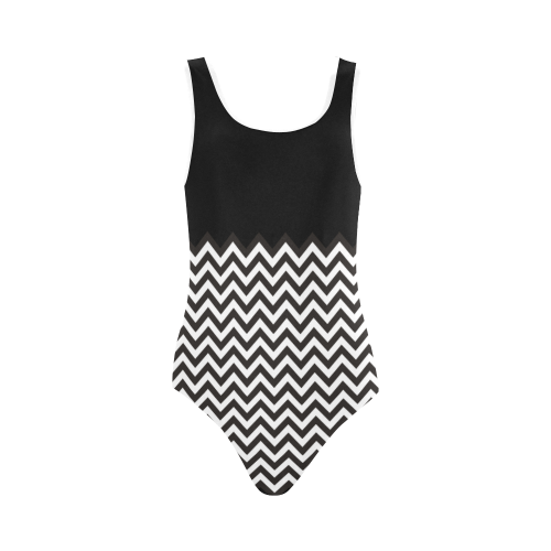 HIPSTER zigzag chevron pattern black & white Vest One Piece Swimsuit (Model S04)