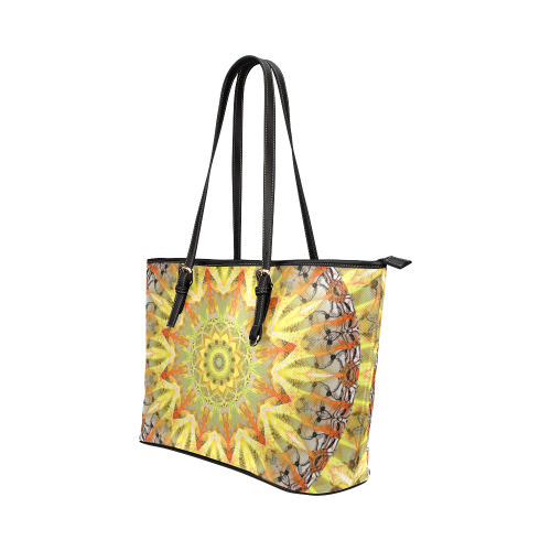 Golden Feathers Orange Flames Abstract Lattice Leather Tote Bag/Small (Model 1651)