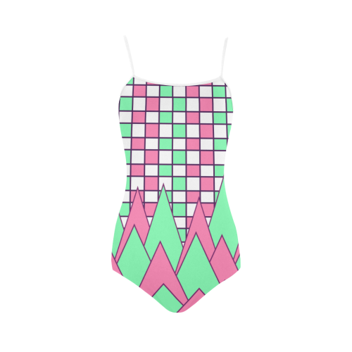 Geometry in green and pink Strap Swimsuit ( Model S05)