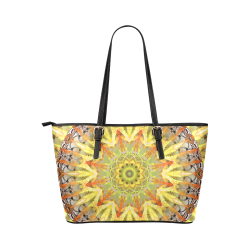 Golden Feathers Orange Flames Abstract Lattice Leather Tote Bag/Large (Model 1651)