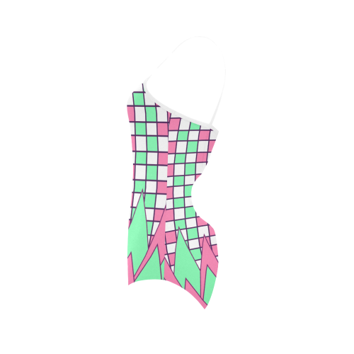 Geometry in green and pink Strap Swimsuit ( Model S05)