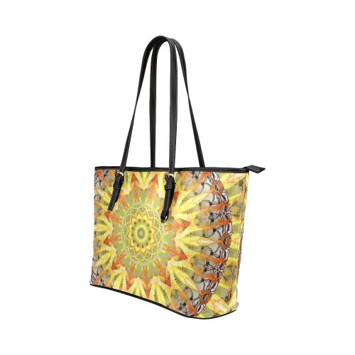 Golden Feathers Orange Flames Abstract Lattice Leather Tote Bag/Large (Model 1651)