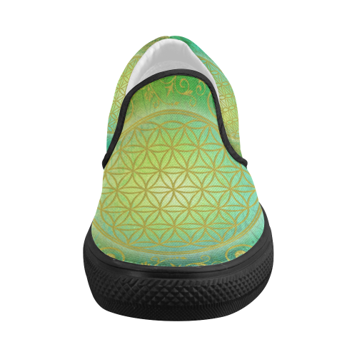 Symbol FLOWER OF LIFE vintage gold green Women's Slip-on Canvas Shoes (Model 019)