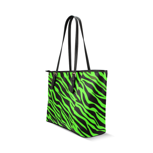 Neon Green Zebra Stripes Leather Tote Bag/Large (Model 1640)