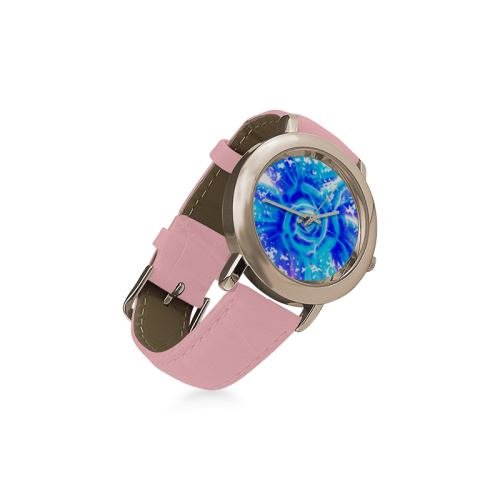 Blue rose fractal Women's Rose Gold Leather Strap Watch(Model 201)