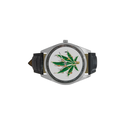 Flaming Marijuana Leaf Men's Casual Leather Strap Watch(Model 211)