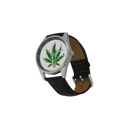 Flaming Marijuana Leaf Men's Casual Leather Strap Watch(Model 211)