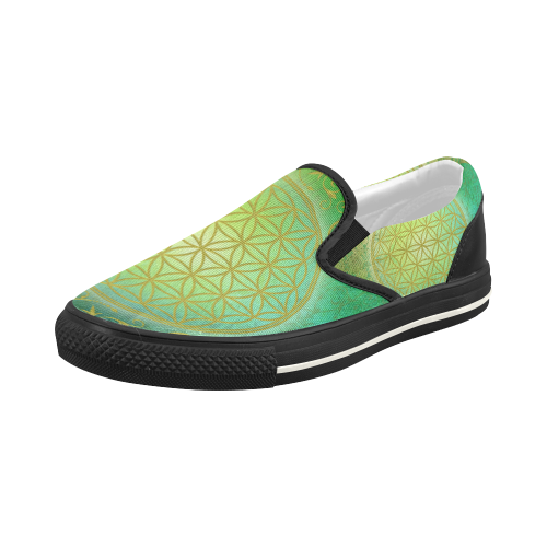 Symbol FLOWER OF LIFE vintage gold green Women's Slip-on Canvas Shoes (Model 019)