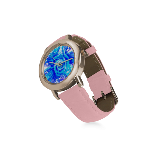 Blue rose fractal Women's Rose Gold Leather Strap Watch(Model 201)