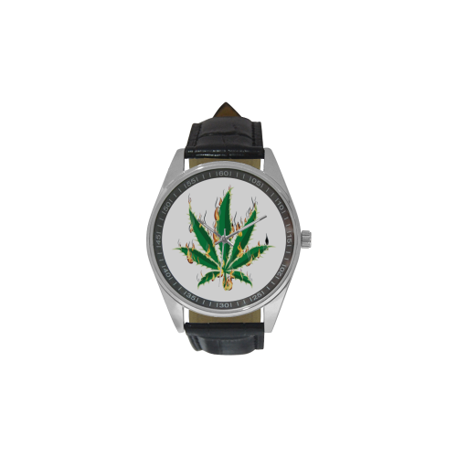 Flaming Marijuana Leaf Men's Casual Leather Strap Watch(Model 211)