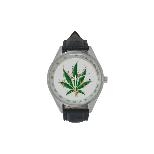 Flaming Marijuana Leaf Men's Leather Strap Analog Watch(Model 209)