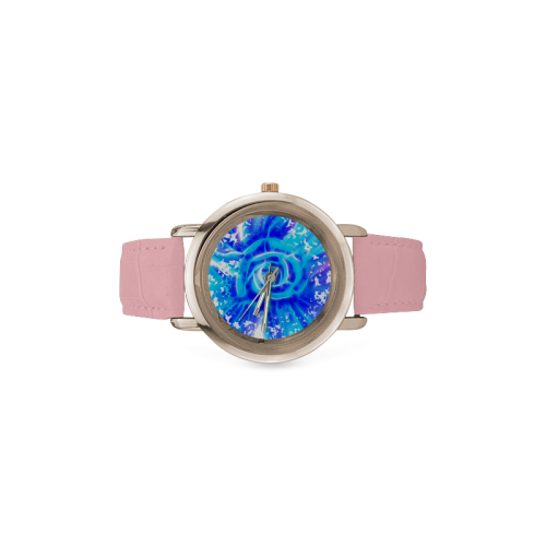 Blue rose fractal Women's Rose Gold Leather Strap Watch(Model 201)