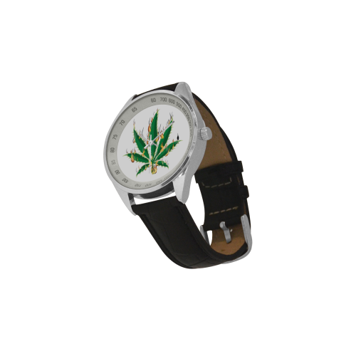 Flaming Marijuana Leaf Men's Leather Strap Analog Watch(Model 209)