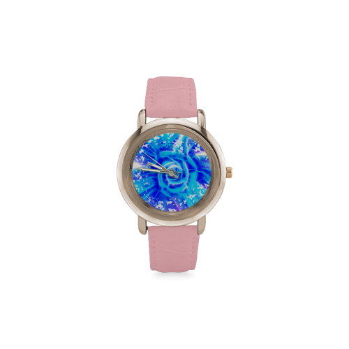 Blue rose fractal Women's Rose Gold Leather Strap Watch(Model 201)