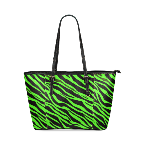 Neon Green Zebra Stripes Leather Tote Bag/Large (Model 1640)