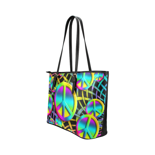 Neon Colorful PEACE pattern Leather Tote Bag/Large (Model 1651)