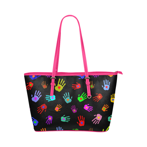 Multicolored HANDS with HEARTS love pattern Leather Tote Bag/Large (Model 1651)