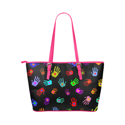 Multicolored HANDS with HEARTS love pattern Leather Tote Bag/Large (Model 1651)