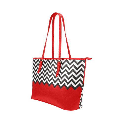 HIPSTER zigzag chevron pattern black & white Leather Tote Bag/Small (Model 1651)