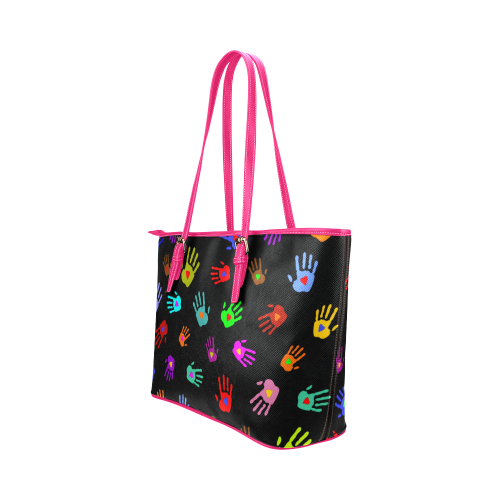 Multicolored HANDS with HEARTS love pattern Leather Tote Bag/Large (Model 1651)