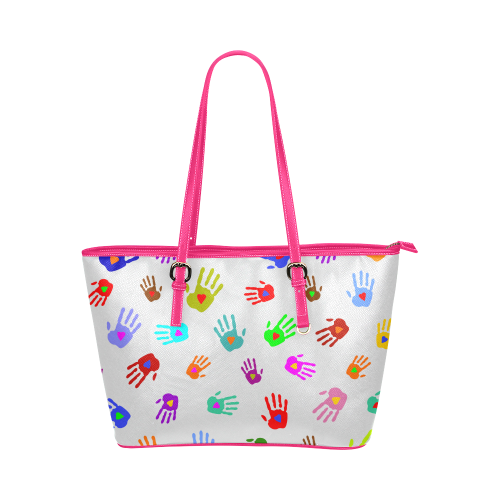 Multicolored HANDS with HEARTS love pattern Leather Tote Bag/Small (Model 1651)