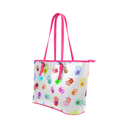 Multicolored HANDS with HEARTS love pattern Leather Tote Bag/Small (Model 1651)