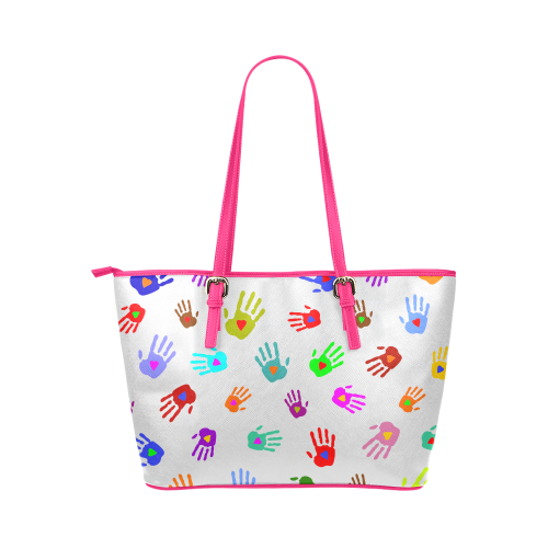 Multicolored HANDS with HEARTS love pattern Leather Tote Bag/Small (Model 1651)