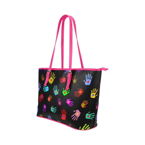 Multicolored HANDS with HEARTS love pattern Leather Tote Bag/Large (Model 1651)