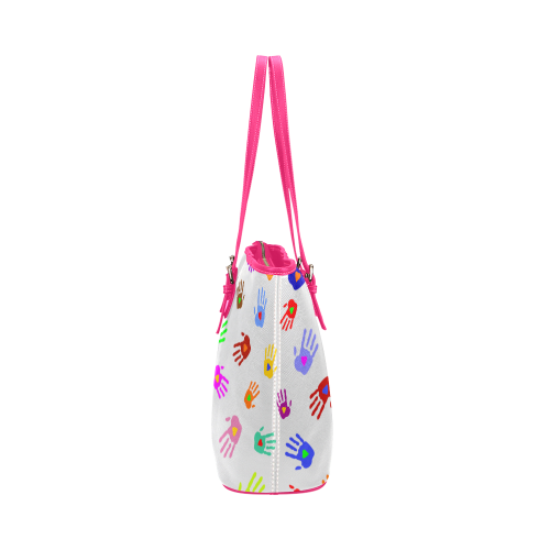 Multicolored HANDS with HEARTS love pattern Leather Tote Bag/Small (Model 1651)