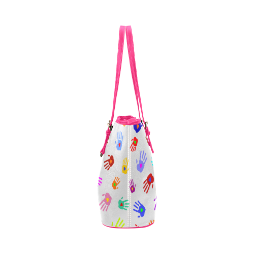 Multicolored HANDS with HEARTS love pattern Leather Tote Bag/Small (Model 1651)