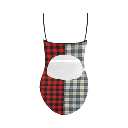 Classic Tartan Squares Fabric - blue beige + Lumberjack pattern Strap Swimsuit ( Model S05)